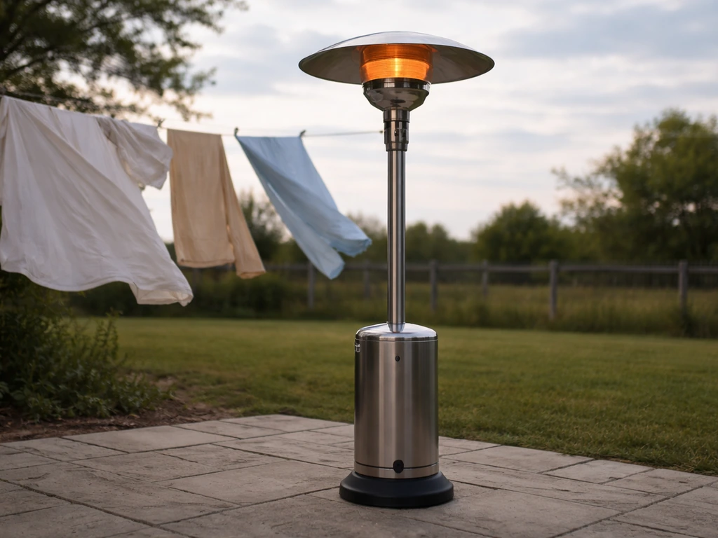 Outdoor space heater operating near a clothesline with fluttering fabric in strong wind.