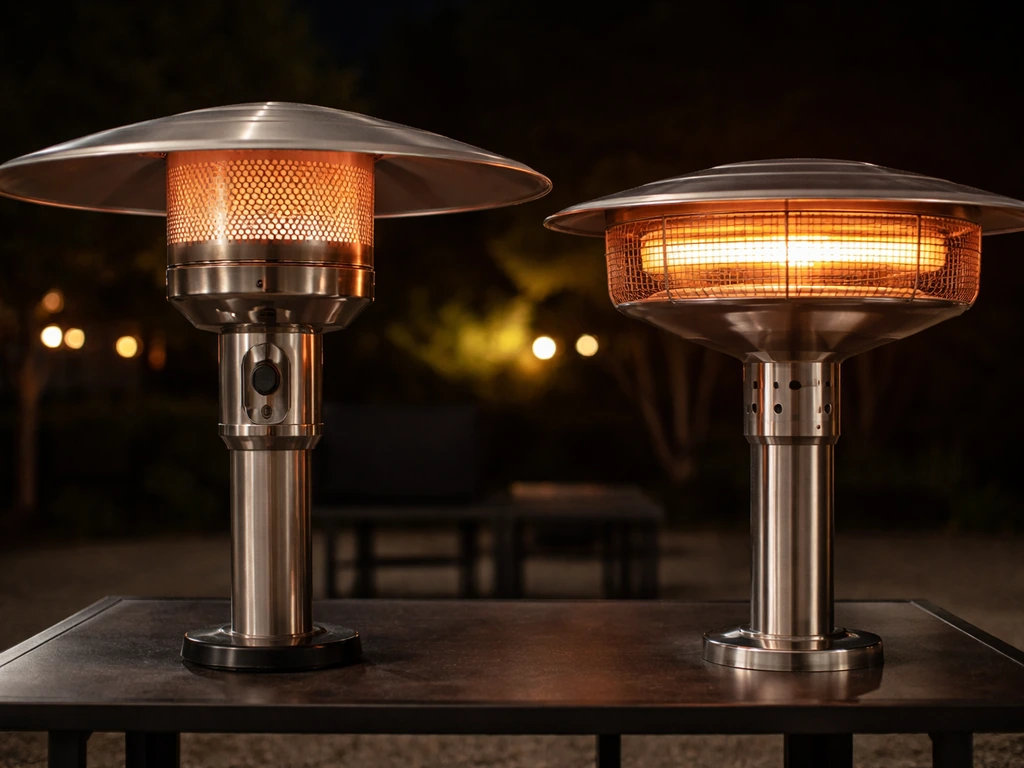Minimal side-by-side photo of propane mushroom radiant burner and an alternative electric patio heater head.