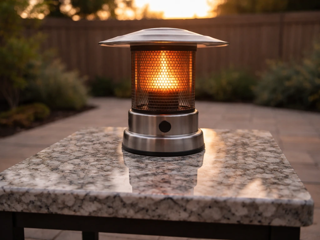 Granite-top tabletop patio heater on an outdoor patio with natural stone texture visible.