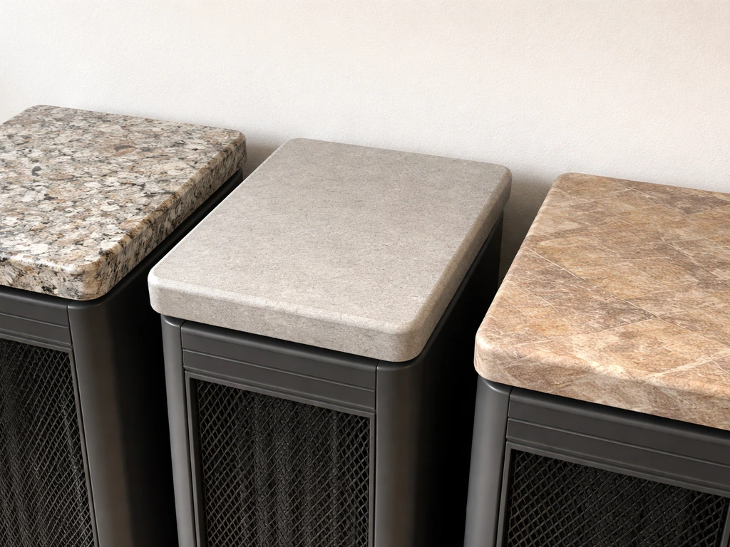 Three close-up heater tops showing real granite, faux stone/composite, and stone-pattern laminate textures.