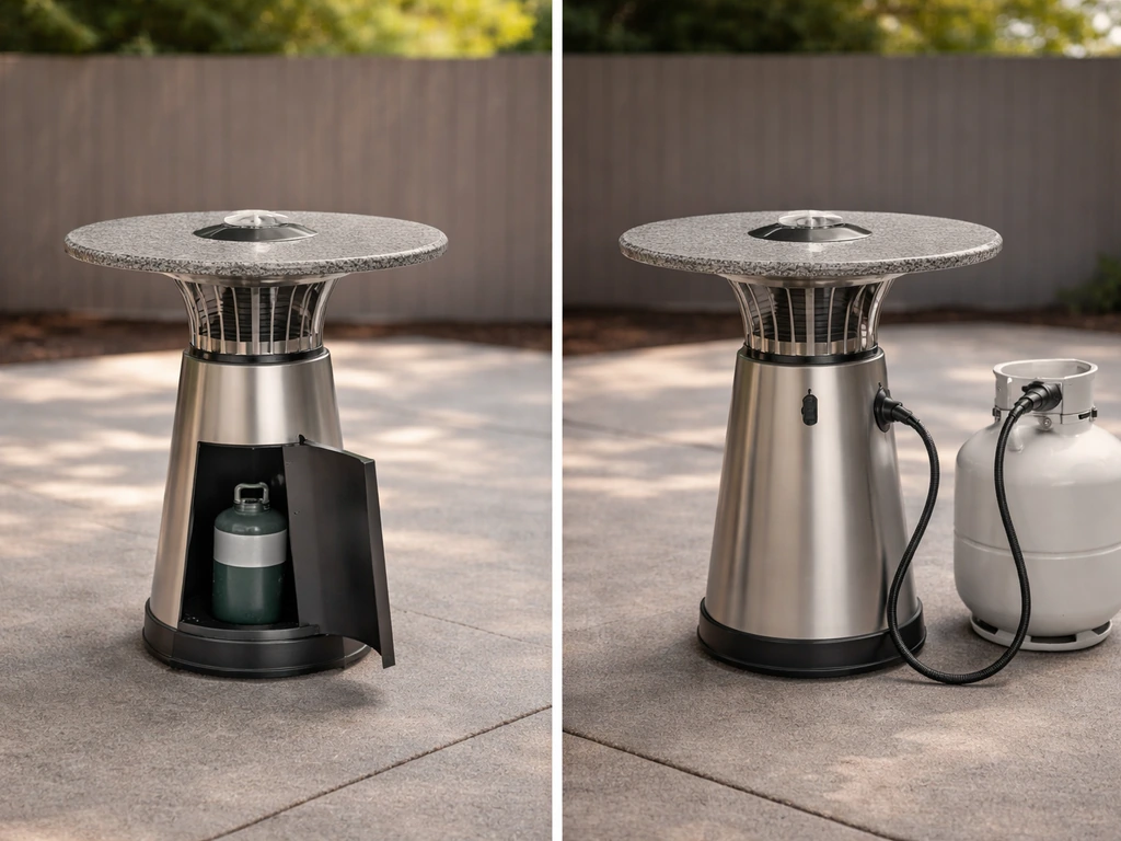 Granite-top tabletop heater showing a small propane canister base setup and a separate hose to a larger tank