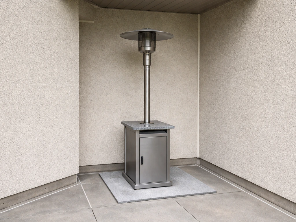 Granite-top gas heater outdoors shown with clear safe spacing from wall and overhang.