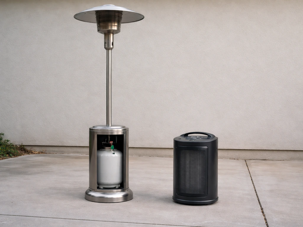 Minimal photo of two anonymous heating devices—one propane tower heater and one electric heater—on a simple driveway.