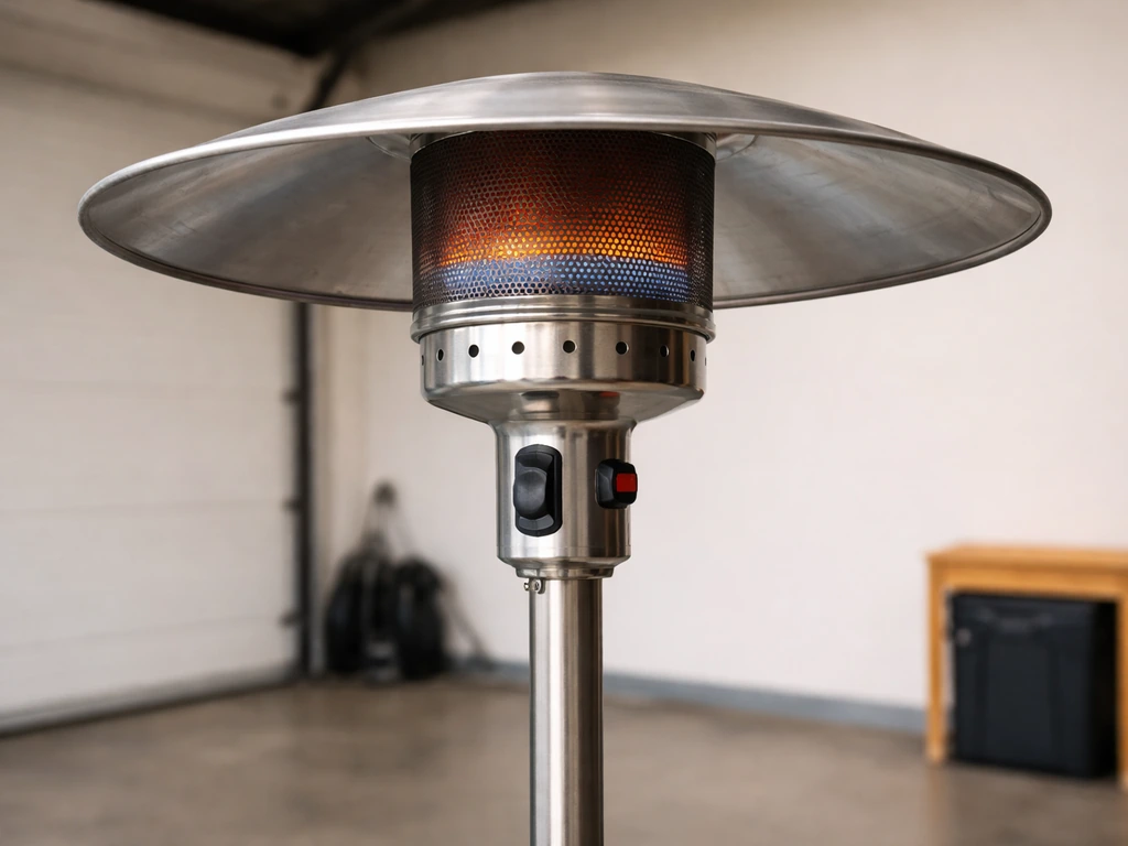 Closeup of a tall propane floor heater showing the mushroom-top burner head, reflector, and base pole stack