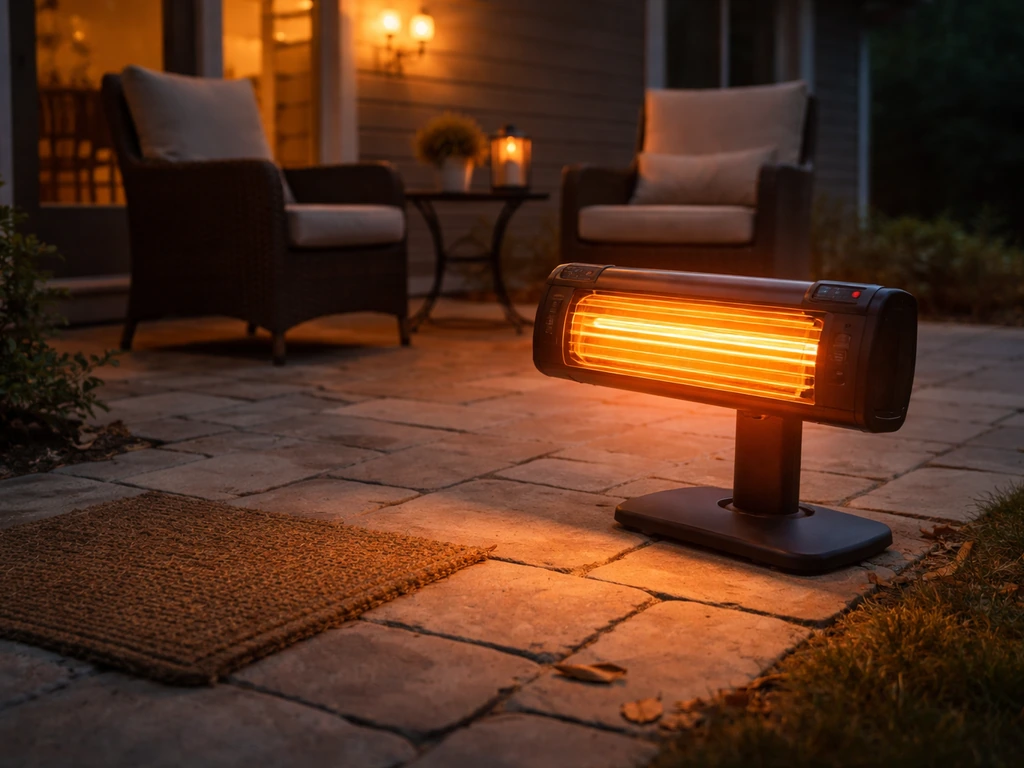 Electric infrared heater at the edge of a patio, angled to show a small directed warmth zone.