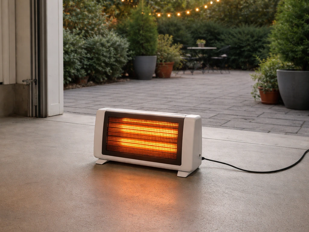 Electric infrared heater inside an open garage doorway with a calm patio outside, showing a clean, smoke-free setup.