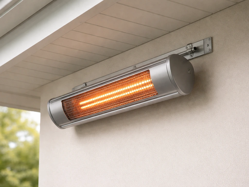 Wall-mounted patio heater with visible mounting bracket under an outdoor covered patio