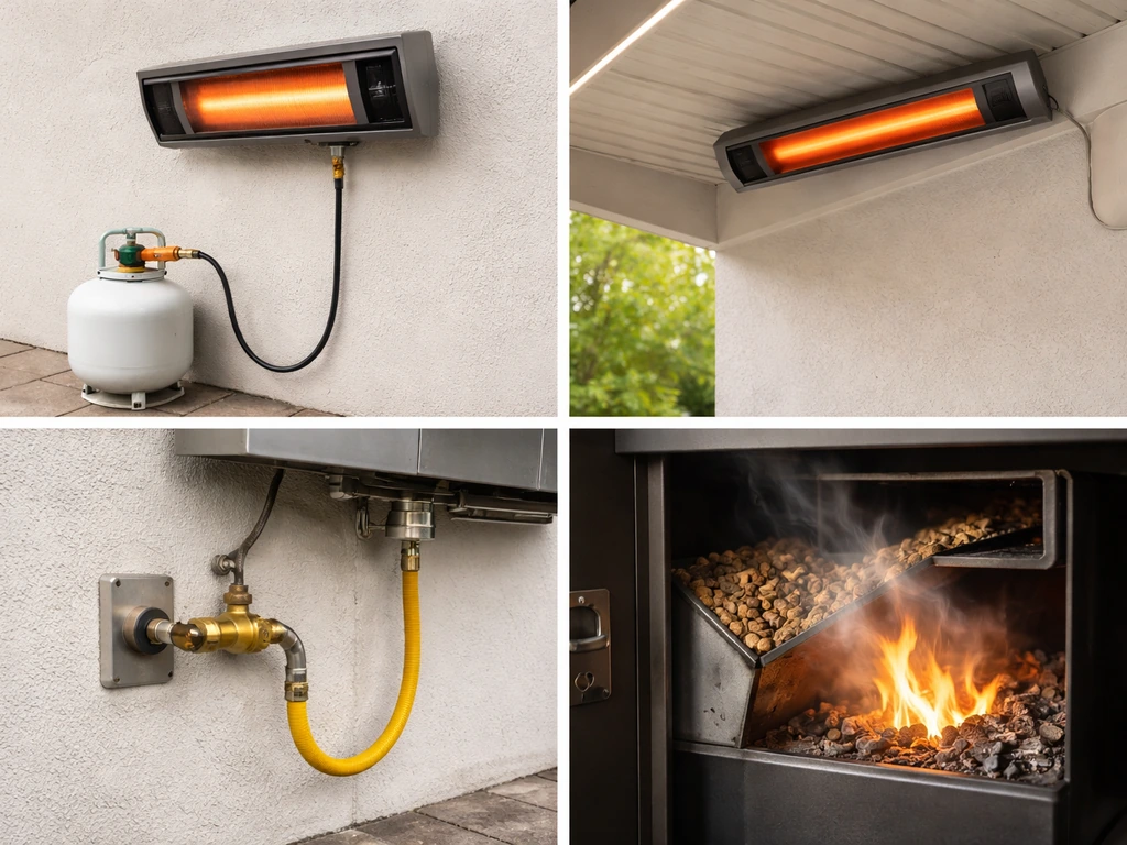 Four minimal outdoor heater setups: propane tank, electric unit with cable, natural gas valve, and pellet combustion.