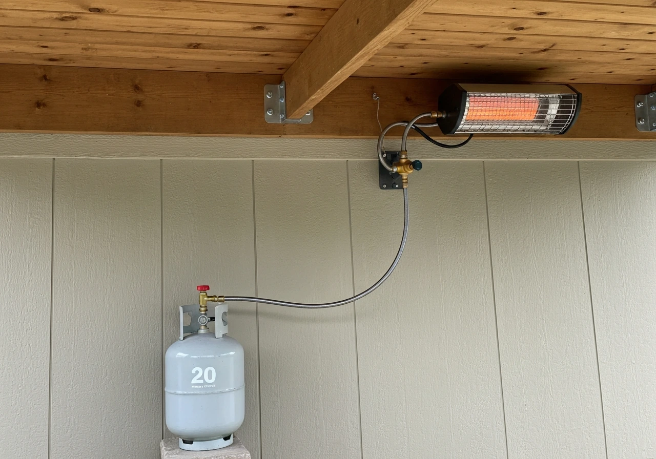 Propane wall-mounted heater under a patio with tank, regulator, and hose connection visible.