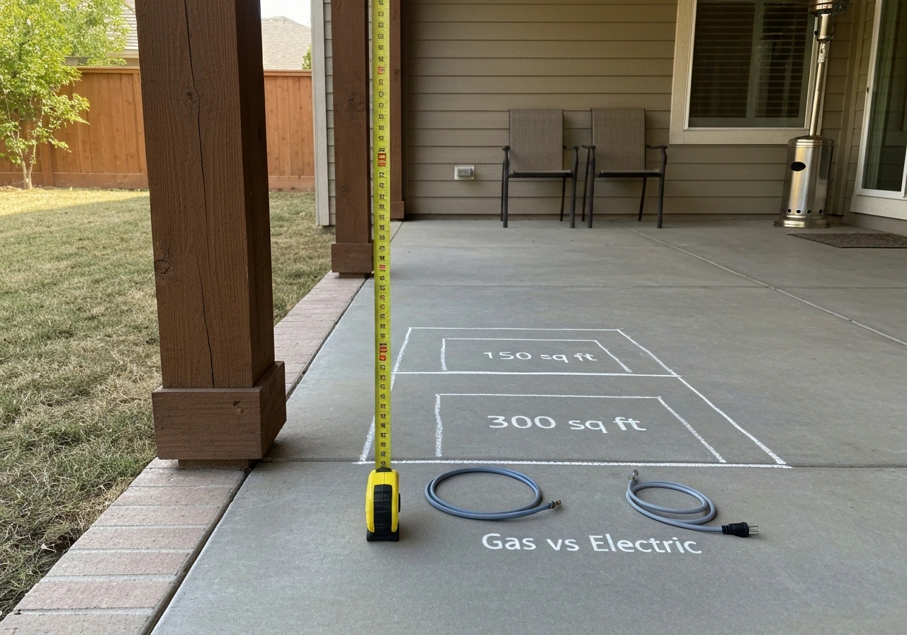 Covered patio with ceiling height measurement tape and a small mock layout for heater sizing.