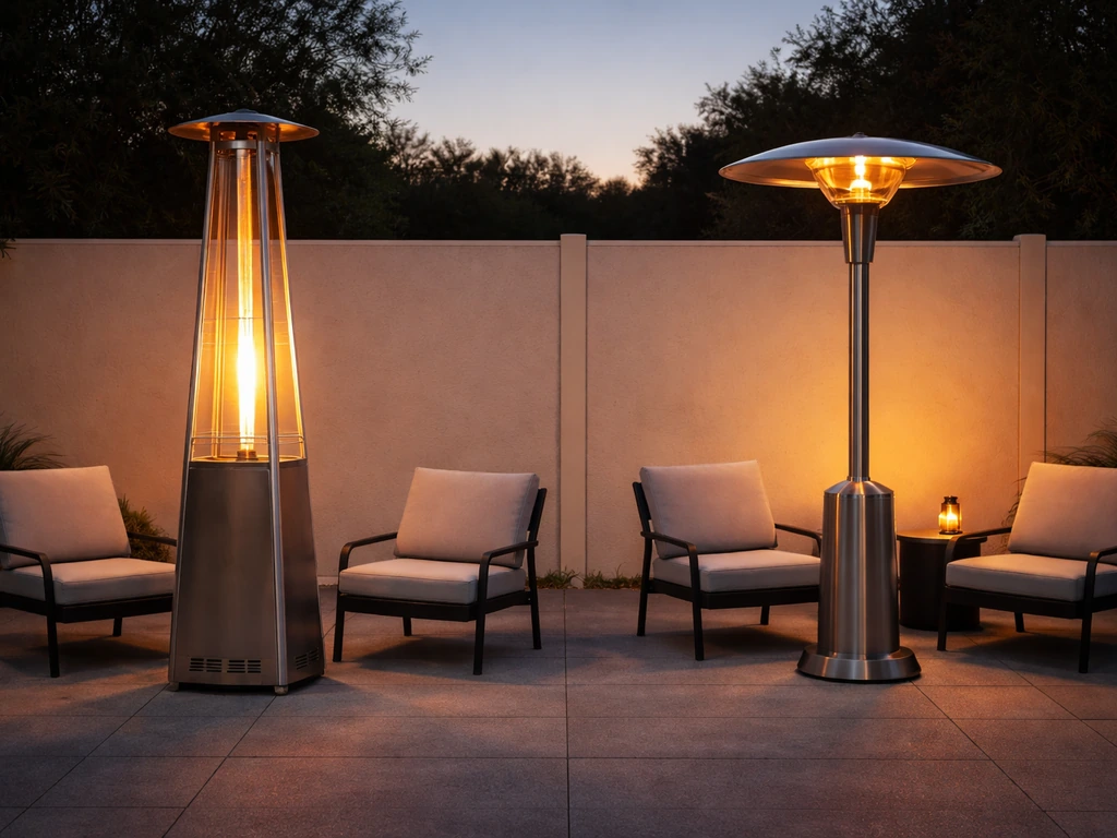 Pyramid and umbrella patio heaters warming two separate seating zones on a patio at dusk.