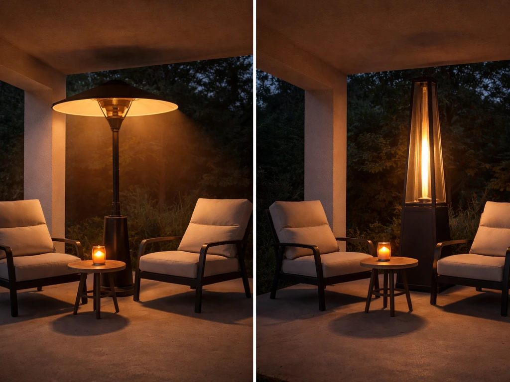 Side-by-side patio heaters showing broad umbrella heat spread versus focused pyramid cone over outdoor seating.