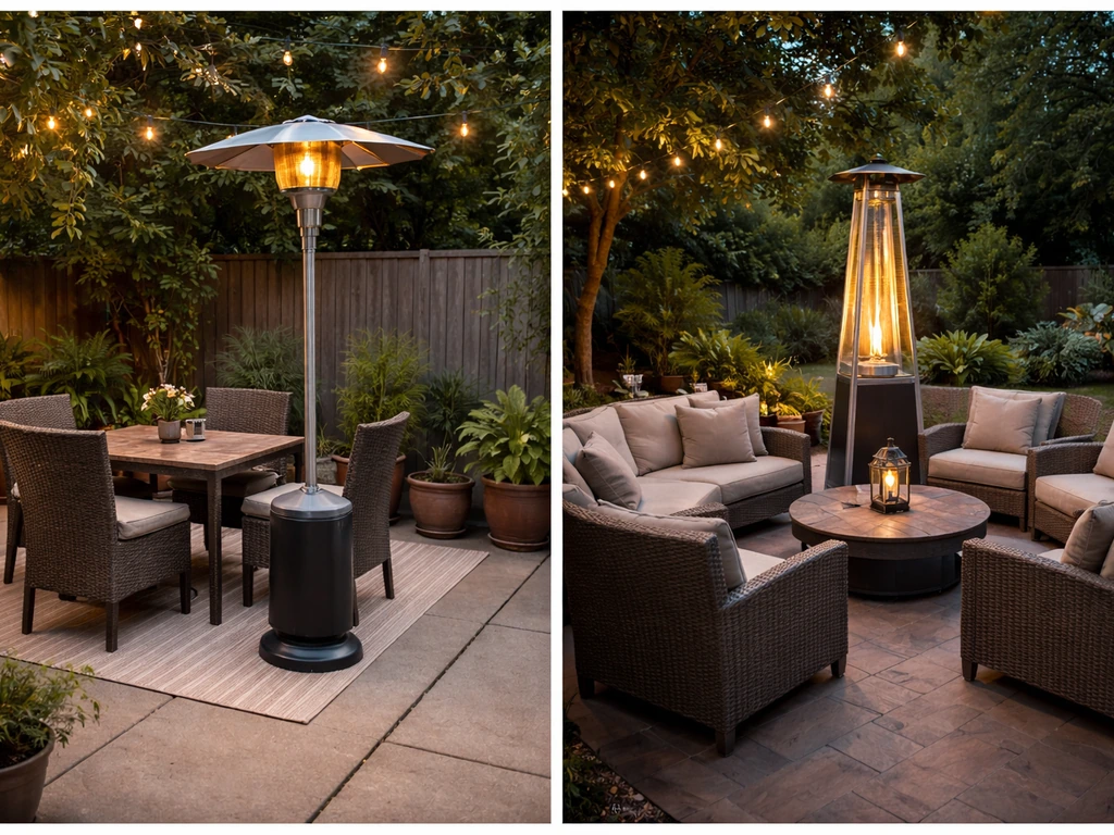 Small patio with umbrella heater near table; larger patio showing circular seating with pyramid heater placement