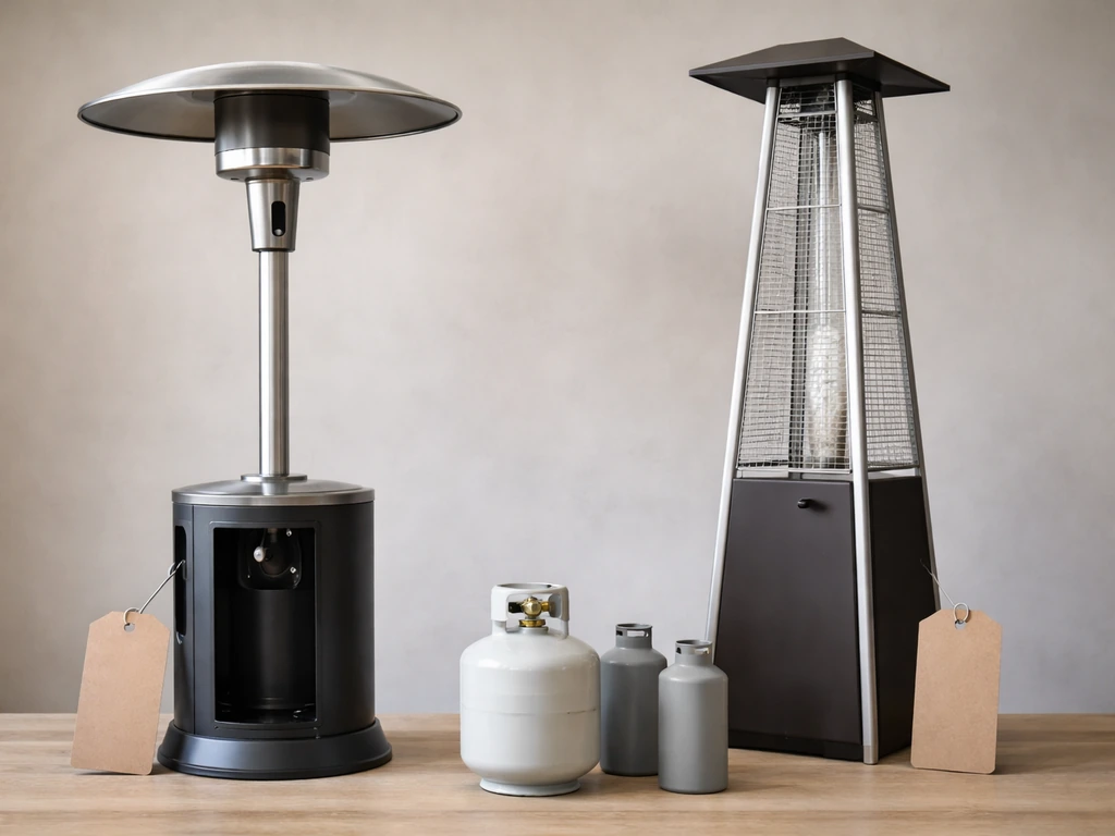 Two unbranded patio heaters on a small table with blank hanging price tags and an unlabeled fuel container.