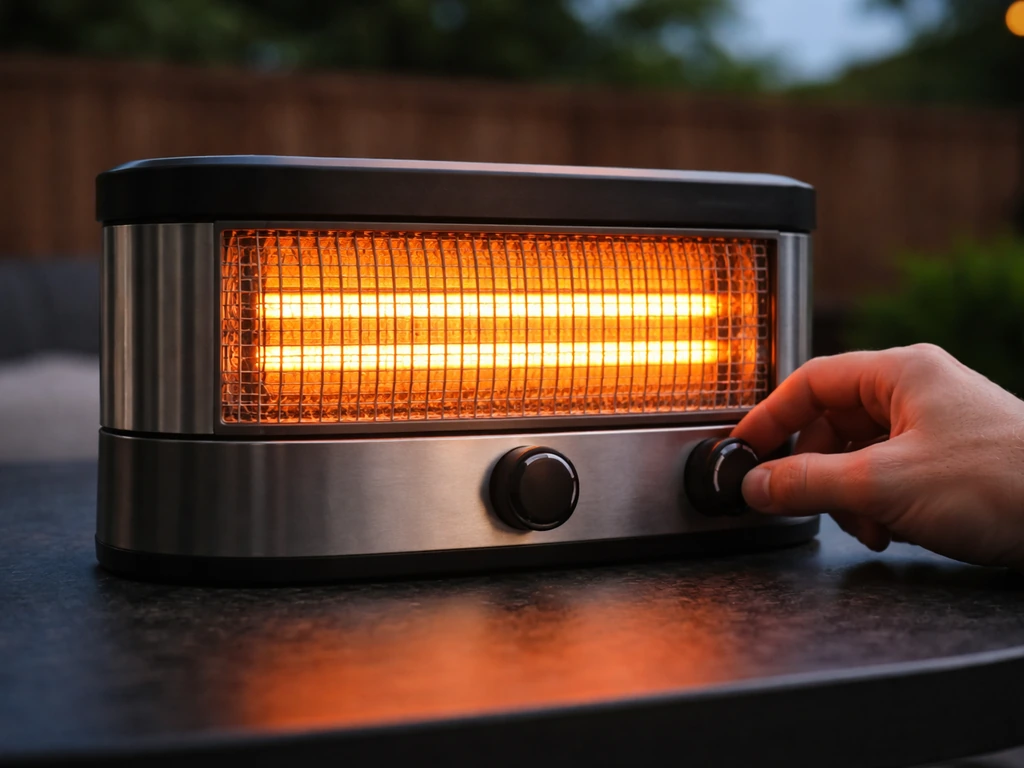 Compact electric tabletop heater on a patio table with a hand adjusting the control knob.