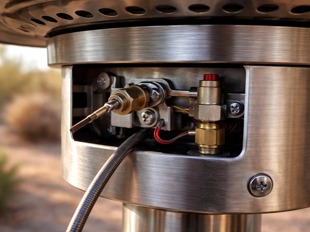 Close-up of a propane patio heater thermocouple/anti-tilt tip-over safety sensor and mounting hardware.