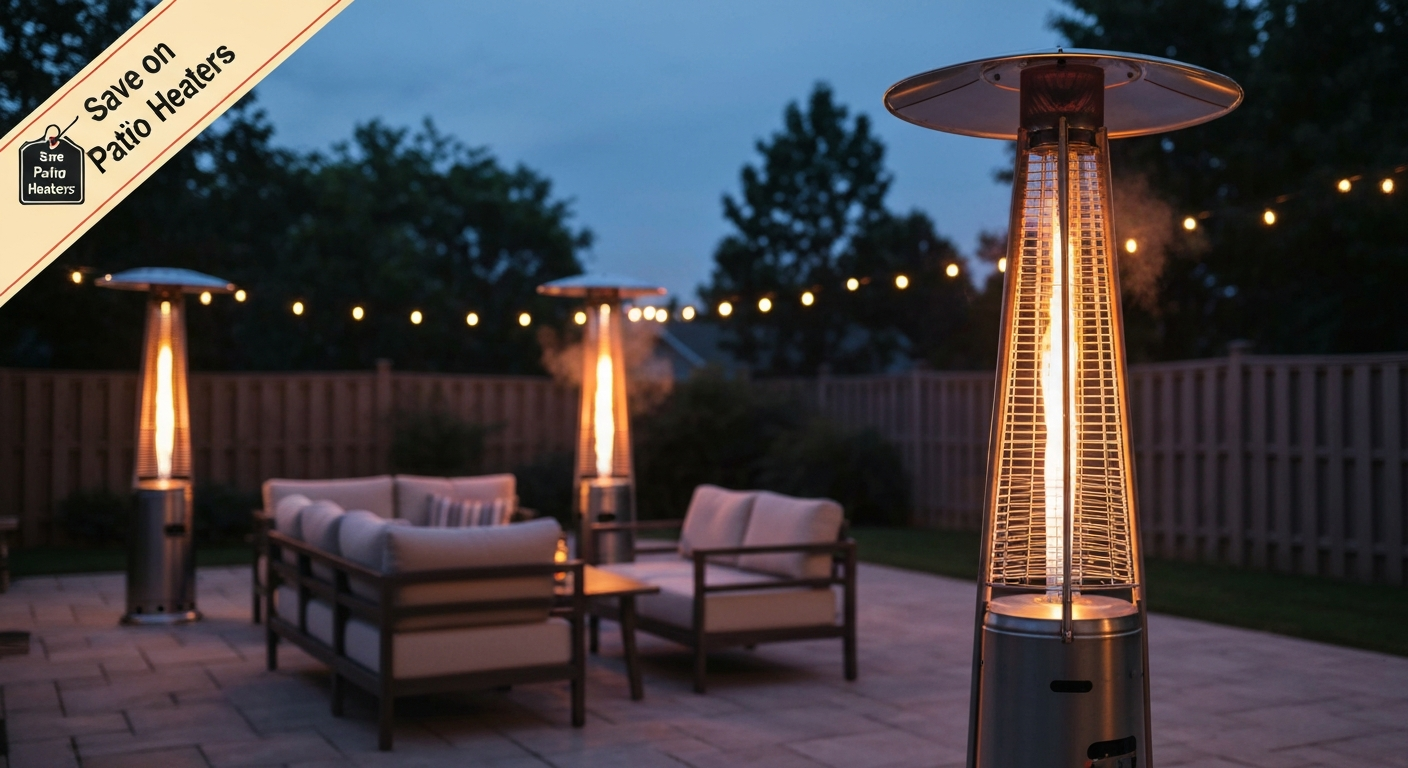 Dusk backyard patio with a glowing mushroom-style propane patio heater, seating area, string lights, and a small 'Save on Patio Heaters' graphic tag.