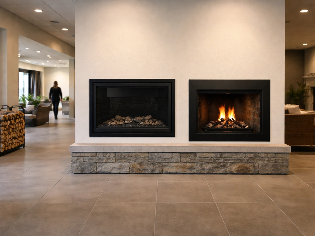 Minimal showroom interior with a hearth display wall and fireplace units in a quiet, well-lit space.