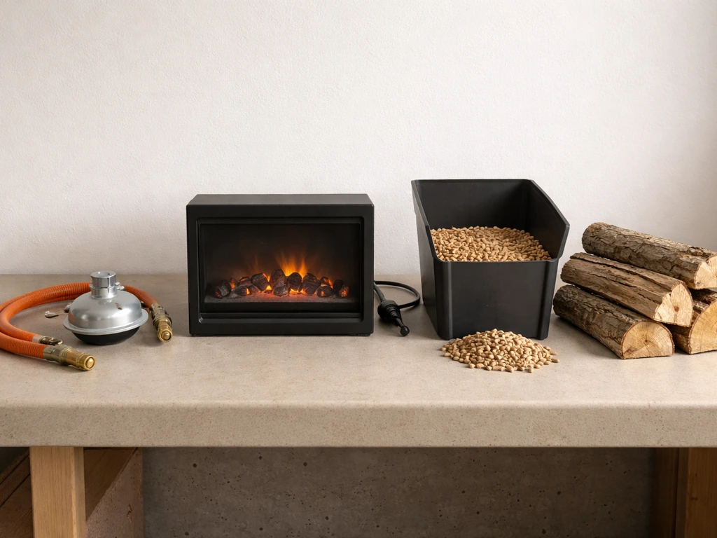 Minimal photo-style display of gas, electric, pellet, and wood heating components side by side.