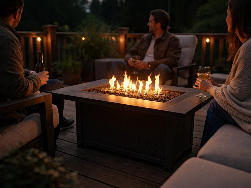 Open uncovered patio with a lit gas fire pit table and a few people seated nearby for scale.