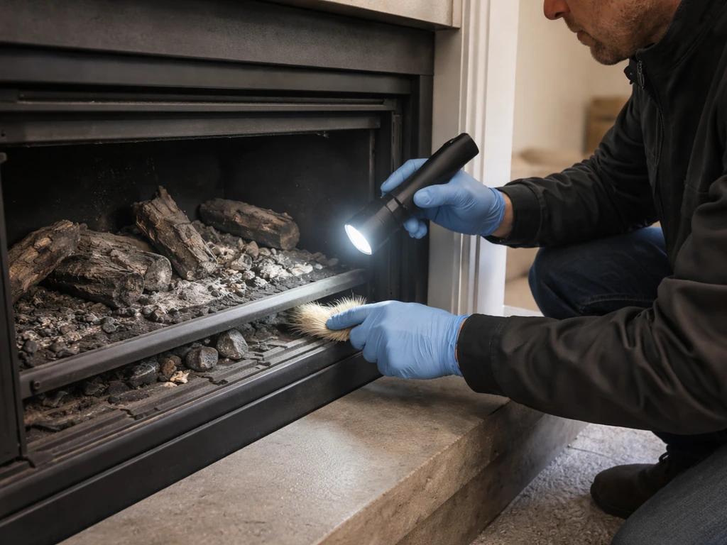 Technician kneels beside an open gas fire pit insert, cleaning and inspecting burner components.