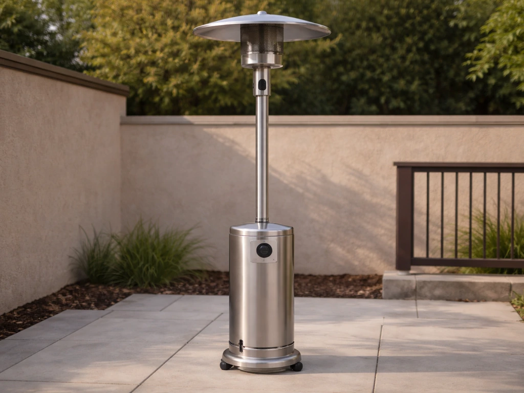 Full-size LPG patio heater with mushroom cap on an outdoor patio, showing portability and real-world setup.