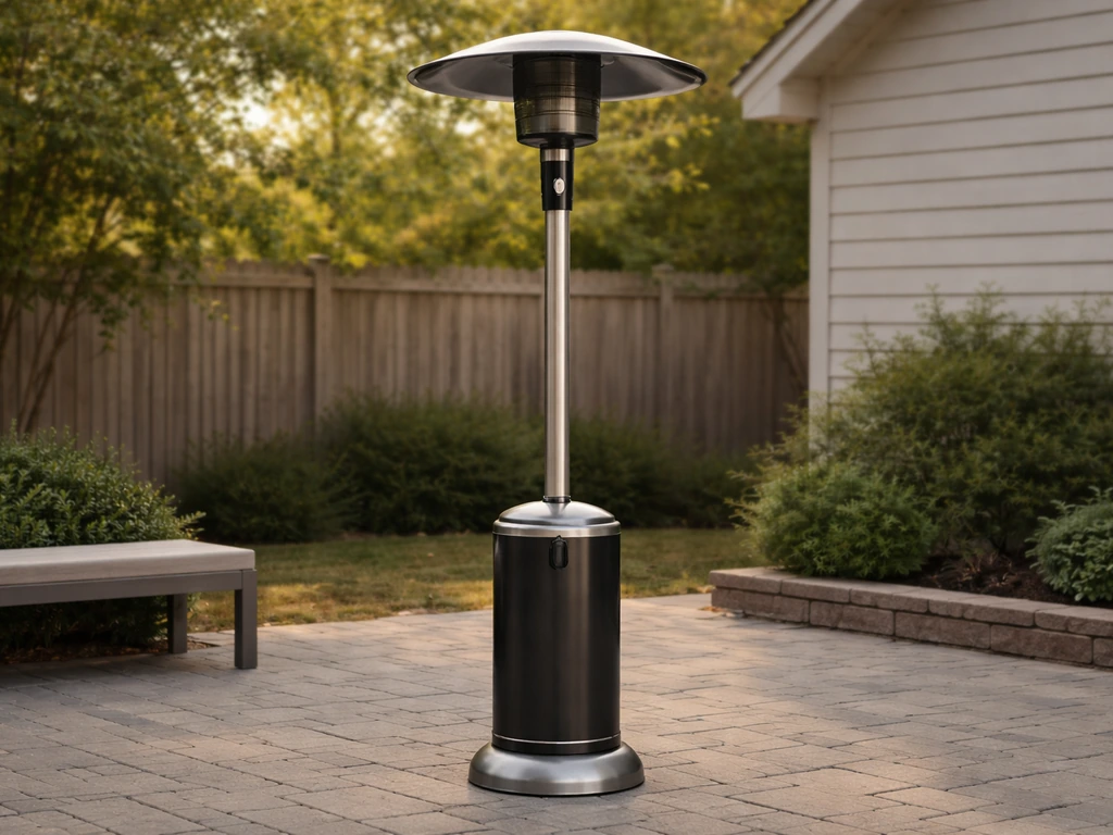 Full-size mushroom-cap LPG patio heater standing on a home patio with space cues for height and base