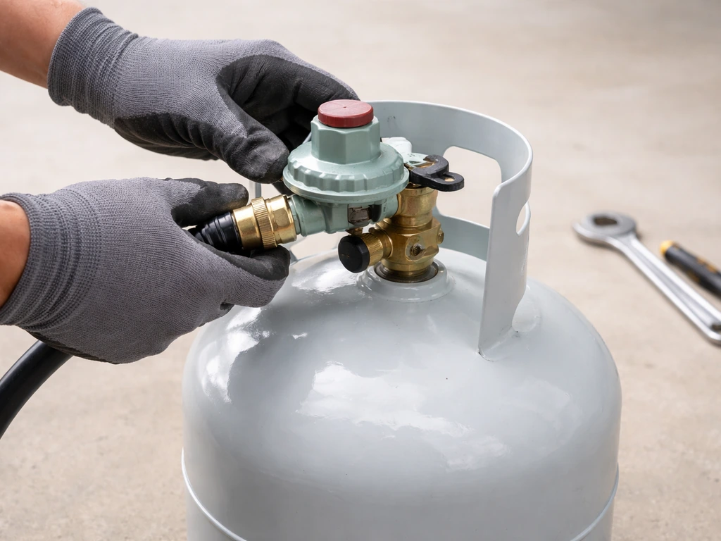 Hands connecting an LPG regulator to a 20 lb cylinder with a clear, safe view of the connection points