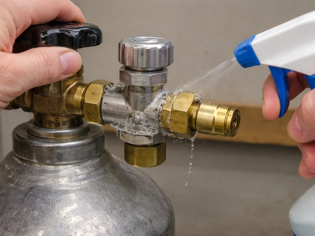 Close-up of regulator connection with soapy bubbles during a gas cylinder leak check, valve opened slowly.
