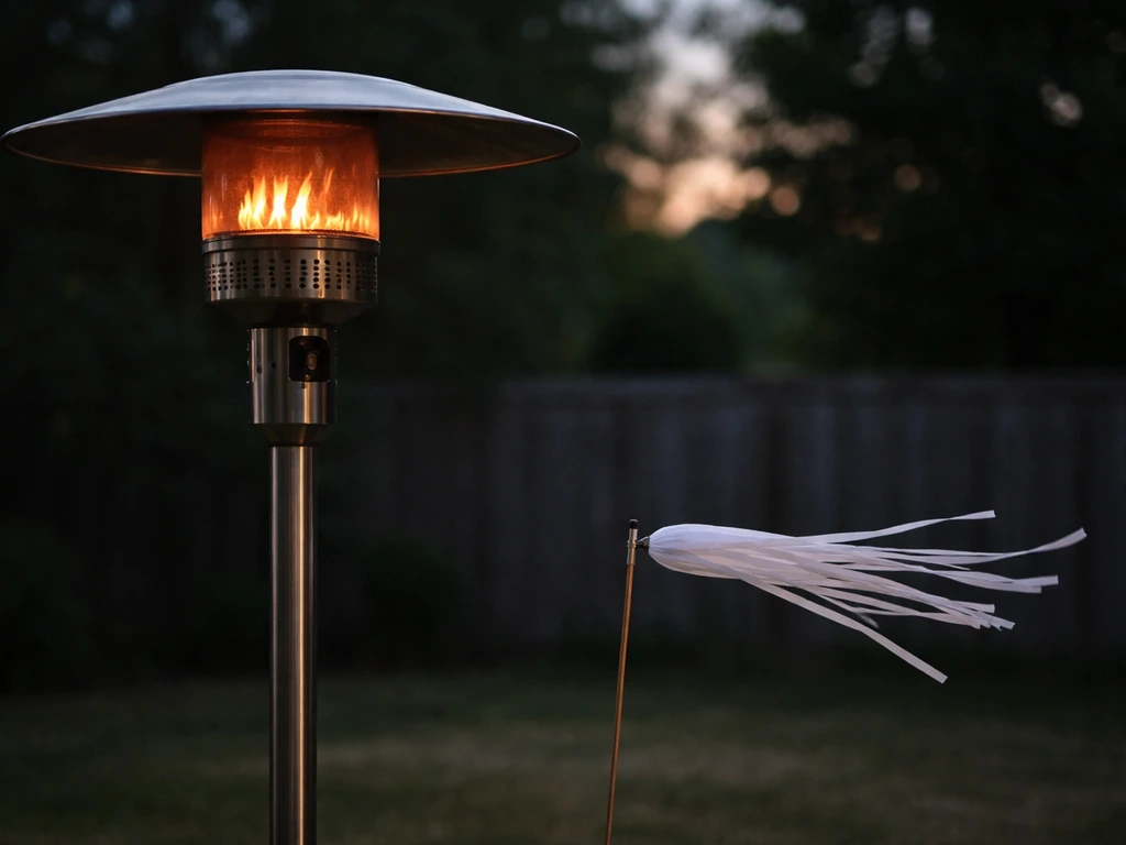 Propane heater outdoors with a small wind sock showing strong airflow around the flame