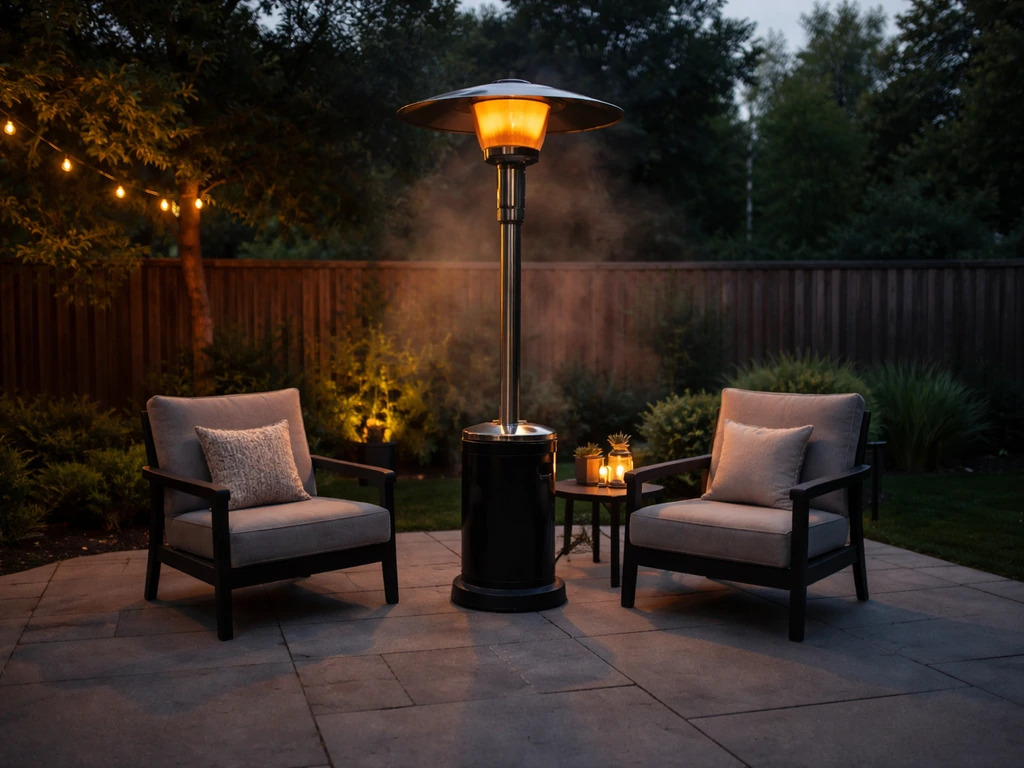 Outdoor patio at dusk with a clearly visible patio heater warming cozy seating