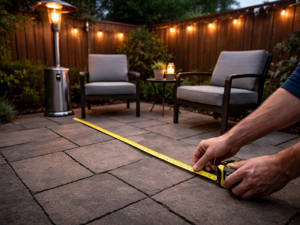 Person measuring a quiet backyard patio seating area next to a standing propane heater under natural light.