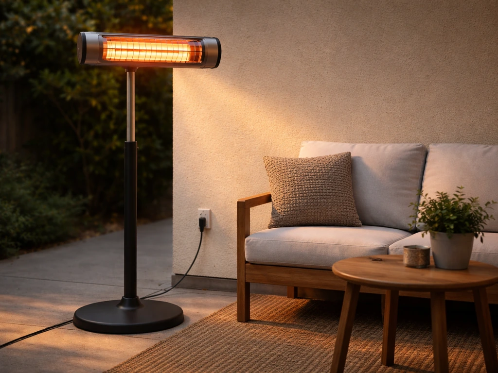 Infrared electric patio heater warming a small seating area, with cord safely routed to a nearby outlet.