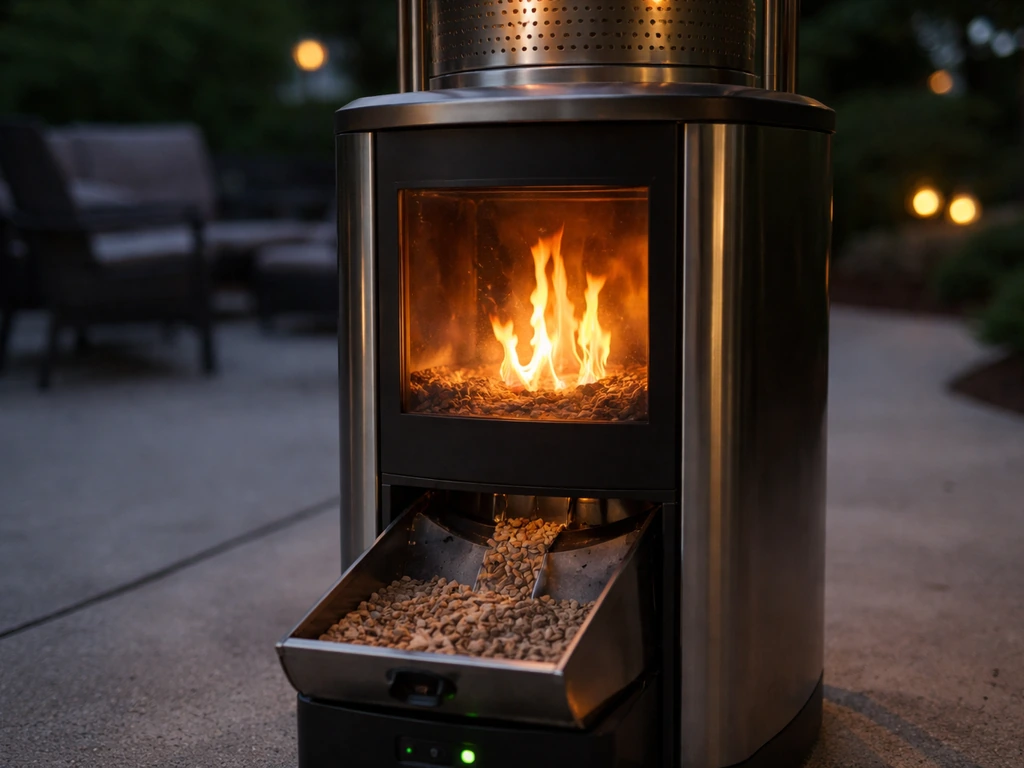 Pellet patio heater on an outdoor patio with glowing burn chamber flames and pellet hopper visible.