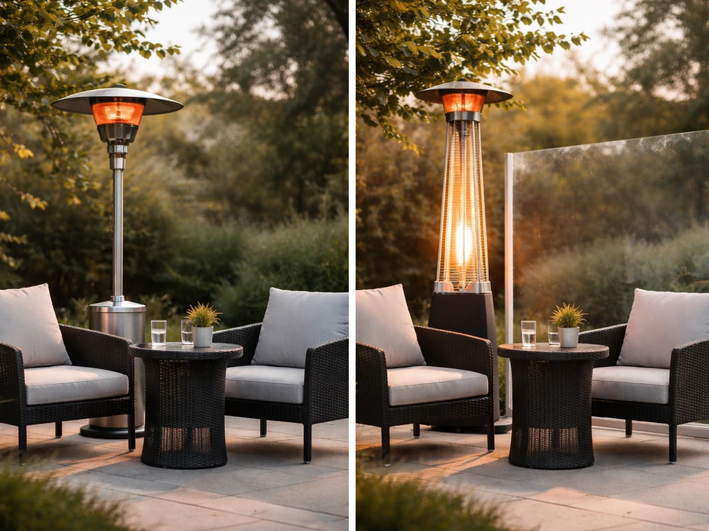 Patio heater comparison: same outdoor seating spot with a windbreak keeping radiant heat comfortable