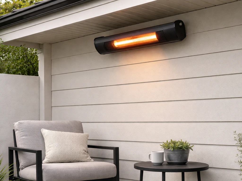 Wall-mounted Gtech HeatWave patio heater warming a quiet patio outside a home in daylight.