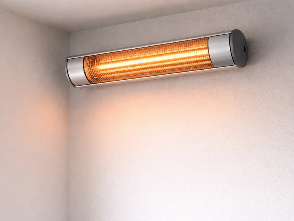 Electric infrared heater mounted on wall, highlighting key specs with visible heating glow and simple background.