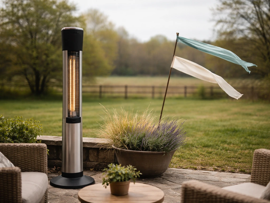 Infrared patio heater in an exposed, windy outdoor space with fluttering fabric indicating airflow.
