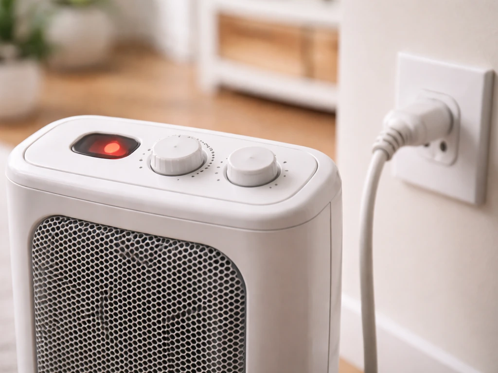 Close-up of a home heater’s simple control panel and plugged-in power cable/outlet connection.