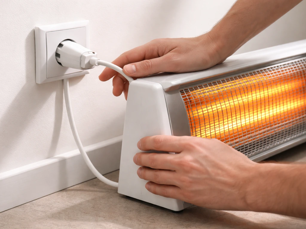 Hands checking the power plug and cable on an electric infrared heater for safe operation.
