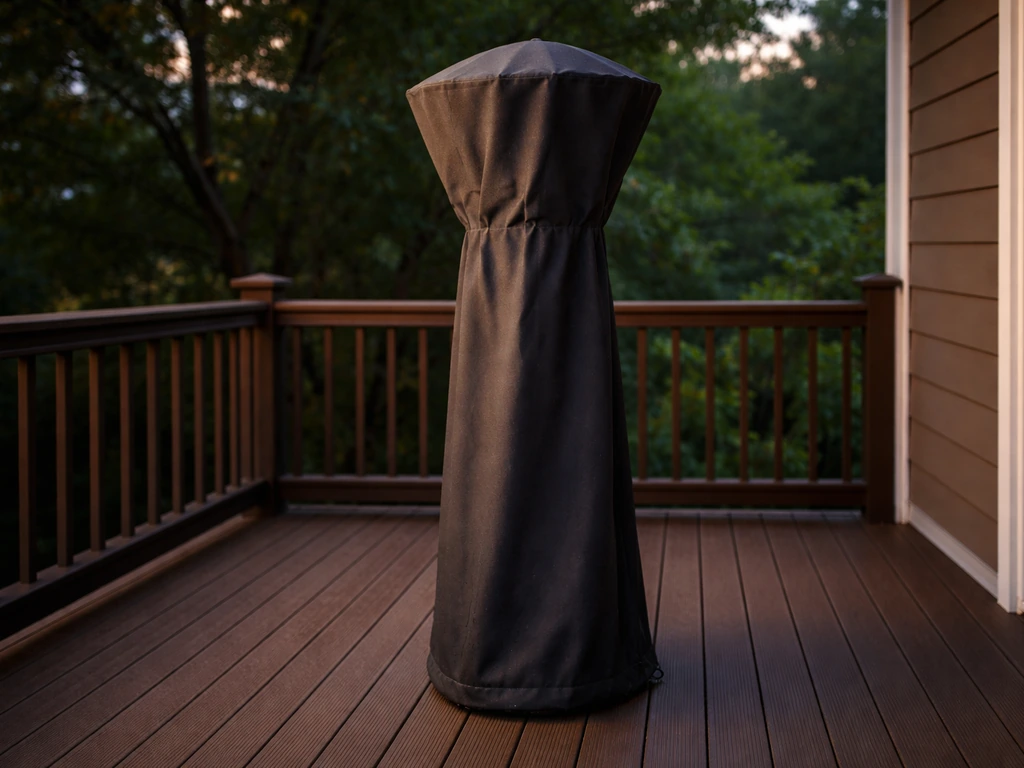 Covered patio heater on a deck with a snug weatherproof cover pulled over the body.