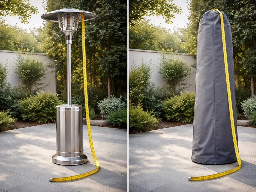 Tape measure measuring a freestanding patio heater beside a laid waterproof cover outline
