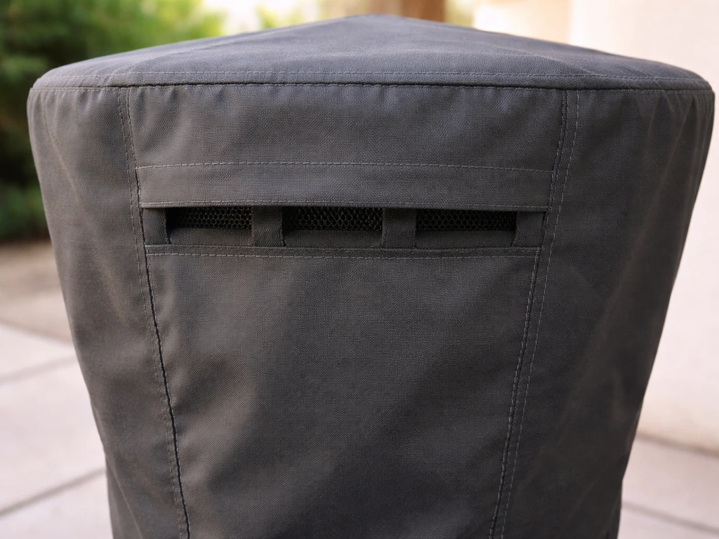 Close-up of a patio heater cover’s stitched ventilation vents fitting over the heater.