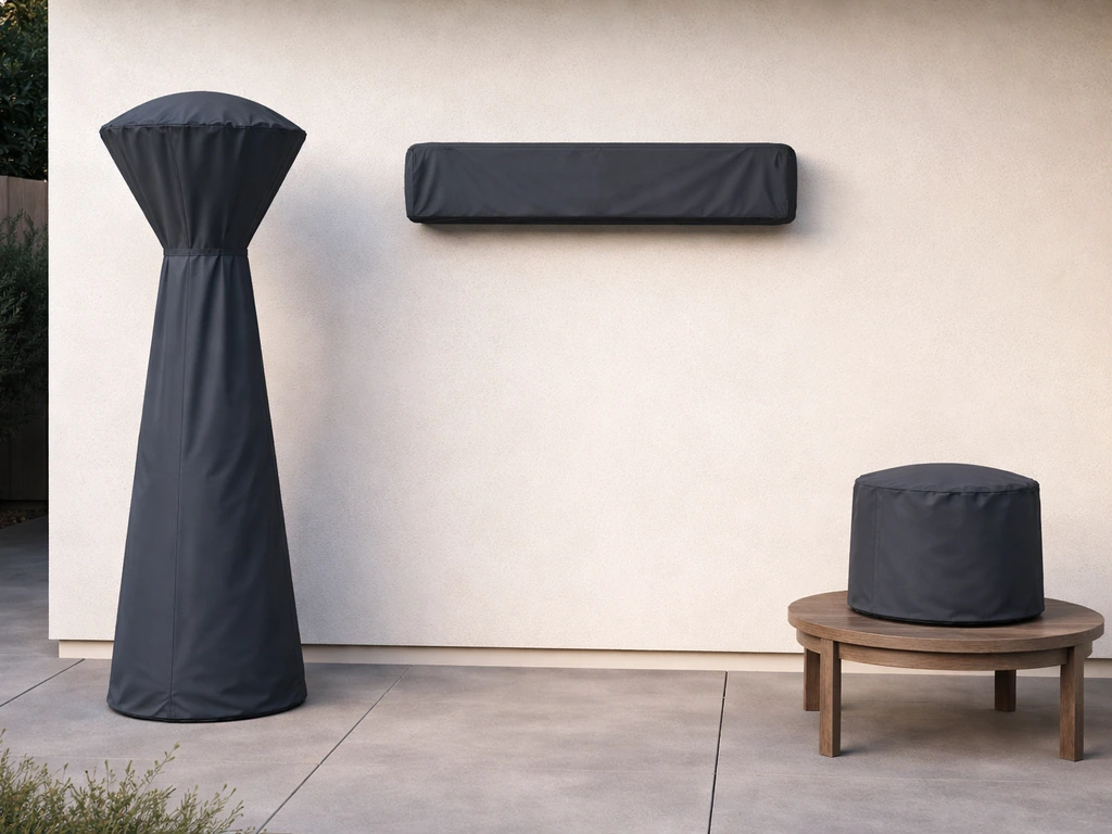 Patio with three heater silhouettes, each paired with the matching protective cover shape
