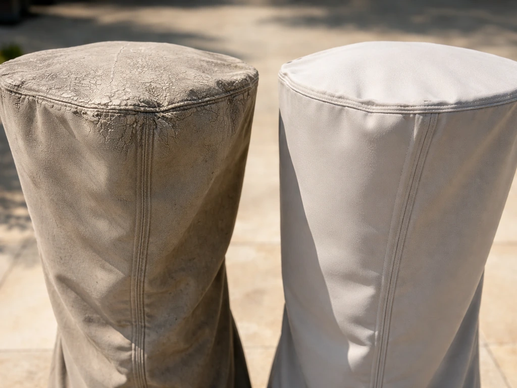 Side-by-side patio heater covers: one sun-damaged with cracked fabric, one newer acrylic cover looking intact.