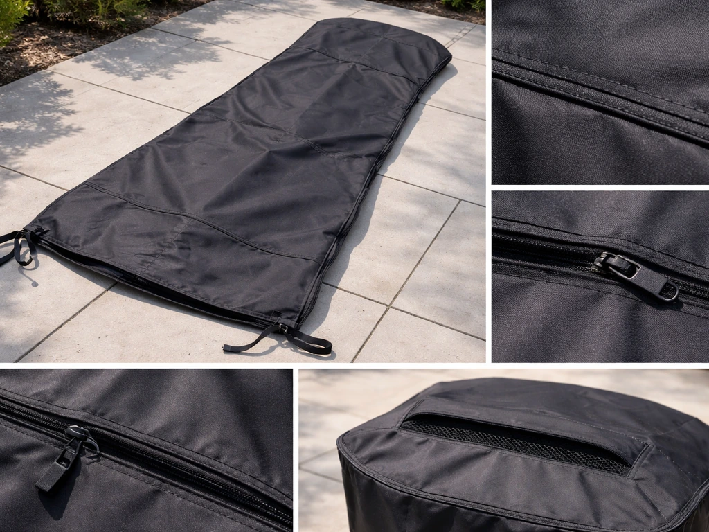 Outdoor heater cover laid flat on a patio showing straps, seam, zipper, and top vent area.