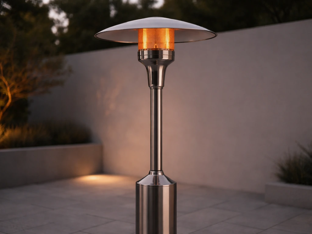 Elegant gas patio heater silhouettes on a quiet terrace at dusk, showing premium outdoor design vibe.