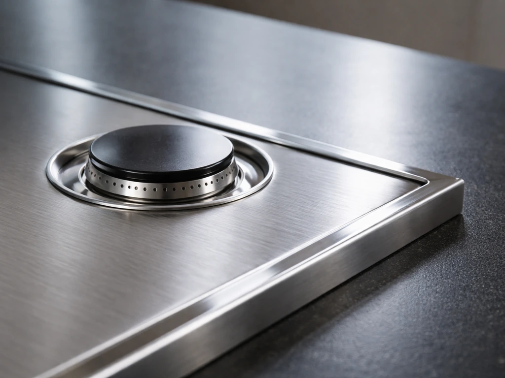 Close-up of brushed stainless steel housing with burner and reflector detail on a clean countertop.