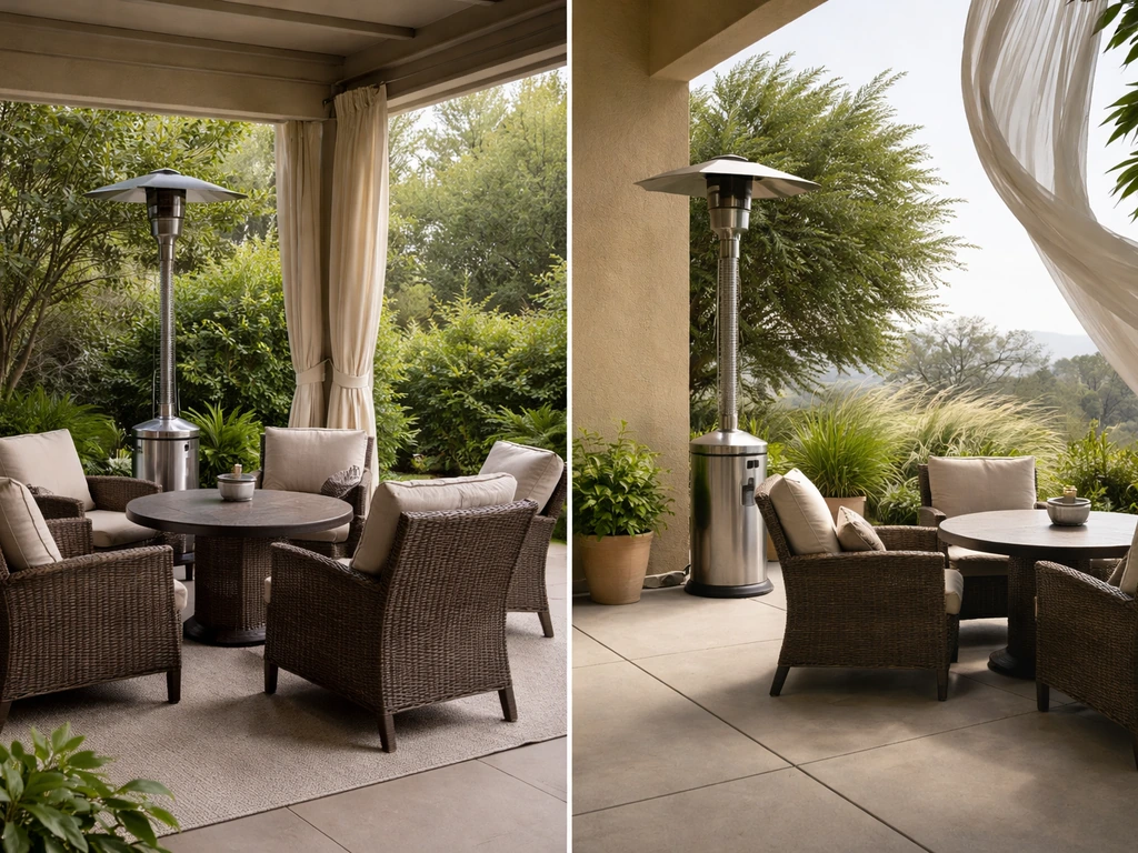 Propane patio heater between two simple outdoor setups: sheltered patio and open windy patio.