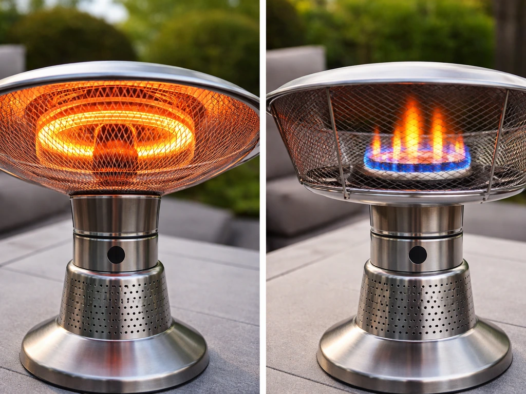 Close-up side-by-side electric infrared heater element and propane burner head with visible flame.